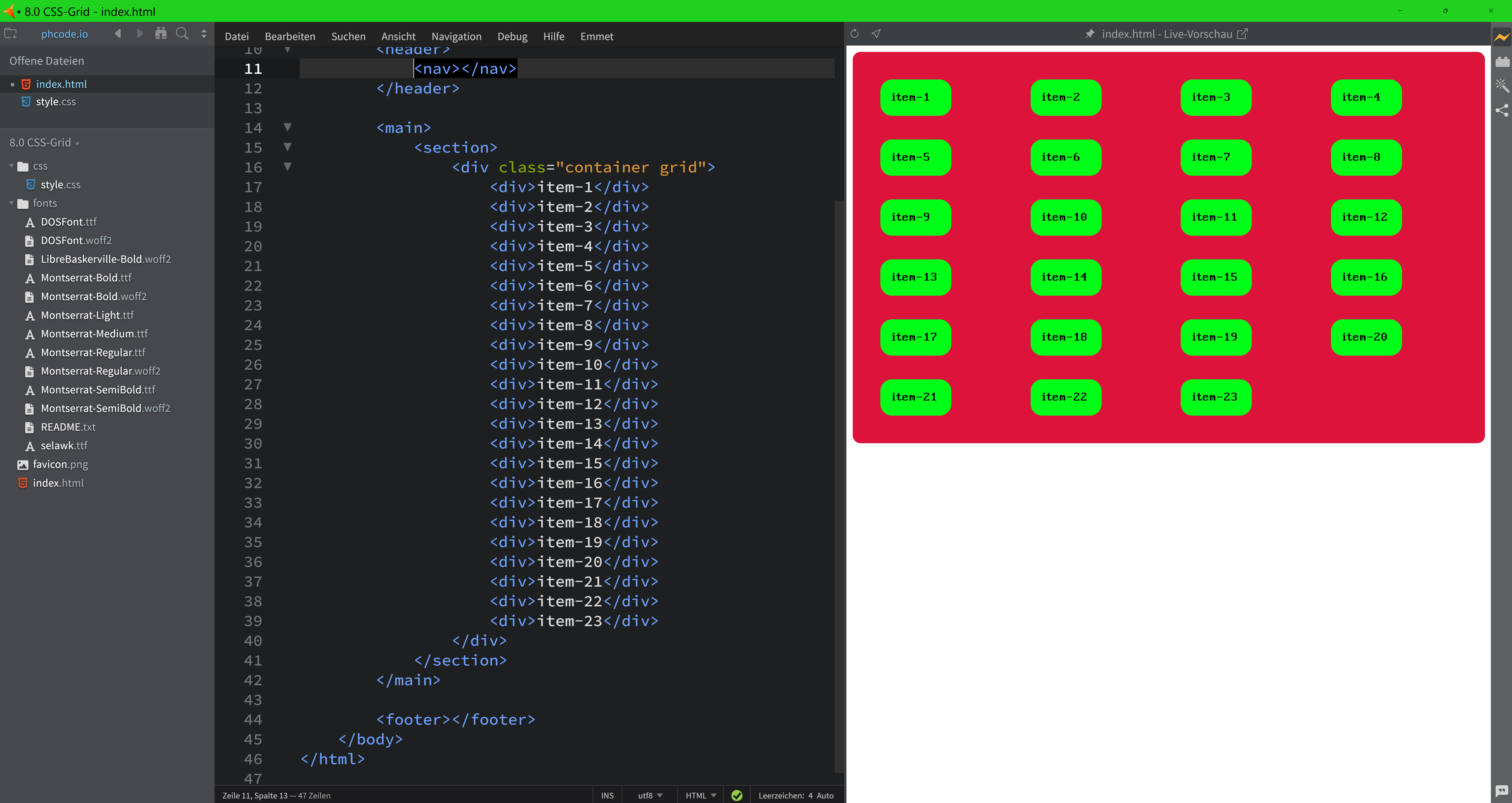 Screenshot of HTML and CSS code in a text editor showing a grid layout example